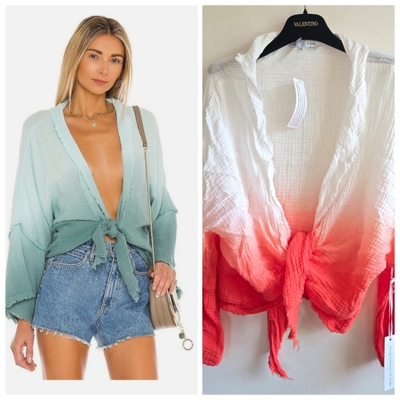 New Young Fabulous & Broke Ombré Bell Sleeve Tie Front Top Large NWT - Picture 1 of 12